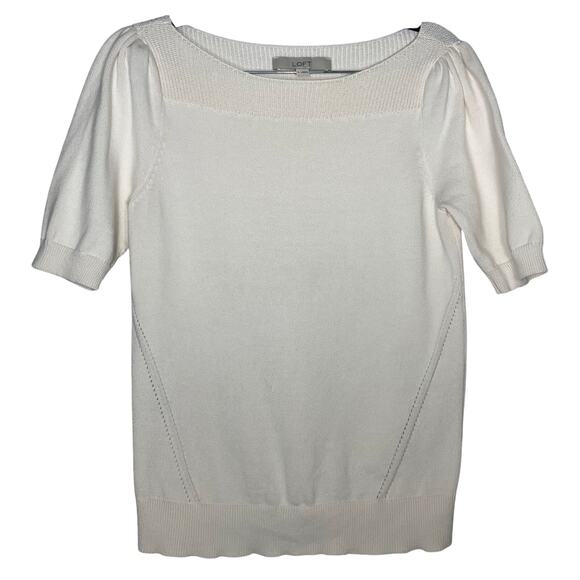 Loft Cream Crew Neck Short Sleeve Tight Knit Sweater Regular Size Small - Picture 1 of 5